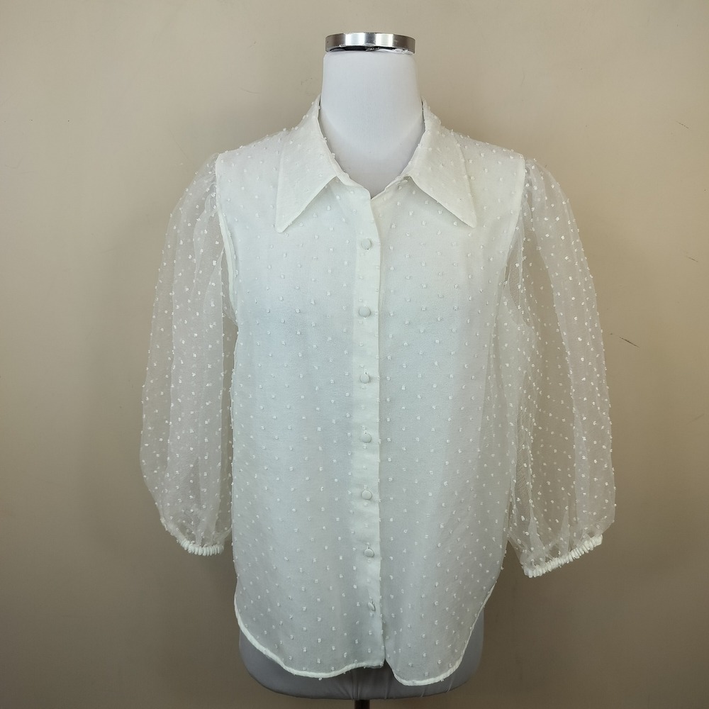 Zara Sheer Swiss Dot Blouse Button Up XL Puff Sleeve White